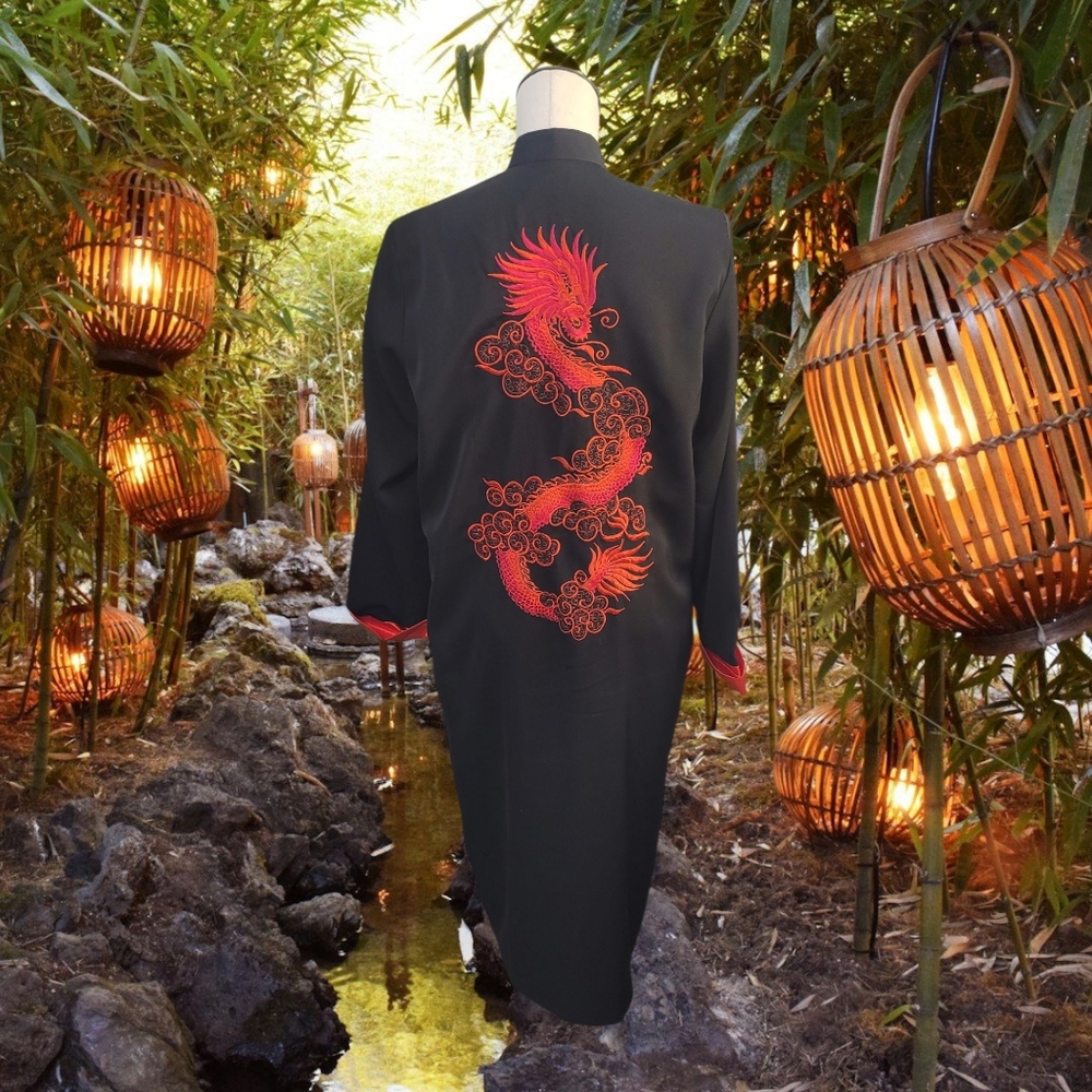 Black Long Mandrin Coat with Red Dragon Embroidery - Picture 1 of 6